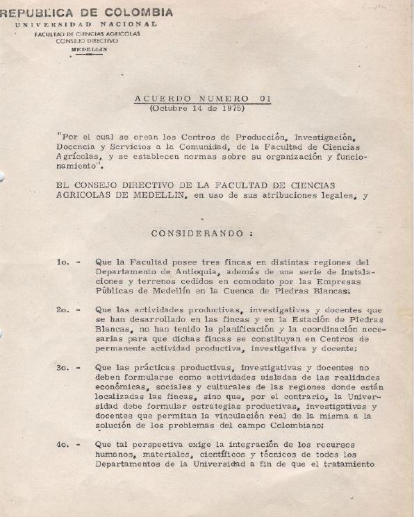 Acuerdo 01 de 1975 - Crea CEPRUN en FCA (luego CEAGRO)