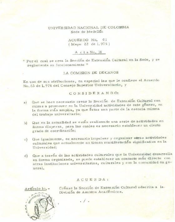Acuerdo 01 de 1975 - Crea Sección de Extensión Cultural en la Sede