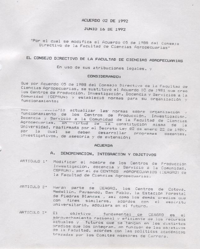 Acuerdo 02 de 1992 - Cambia CEPRUN a CEAGRO y actualiza normas