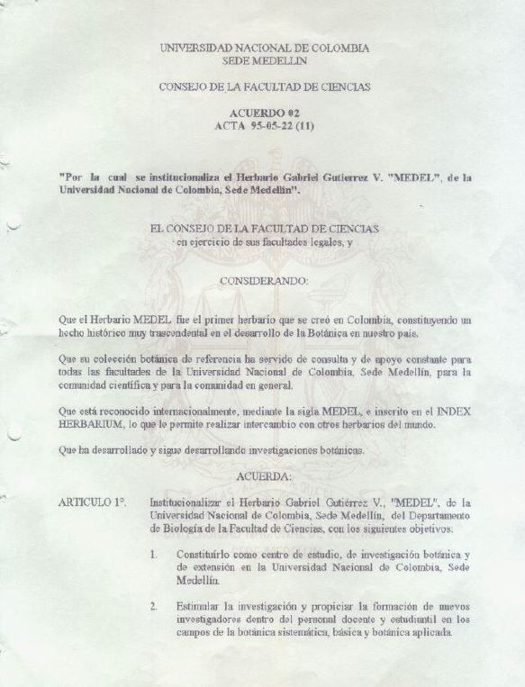 Acuerdo 02 de 1995 - Institucionaliza Herbario Gabriel Gutiérrez V. (MEDEL)