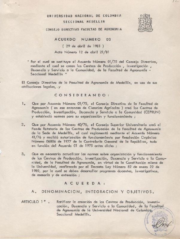 Acuerdo 03 de 1981 - Ratifica y actualiza CEPRUN / CEAGRO