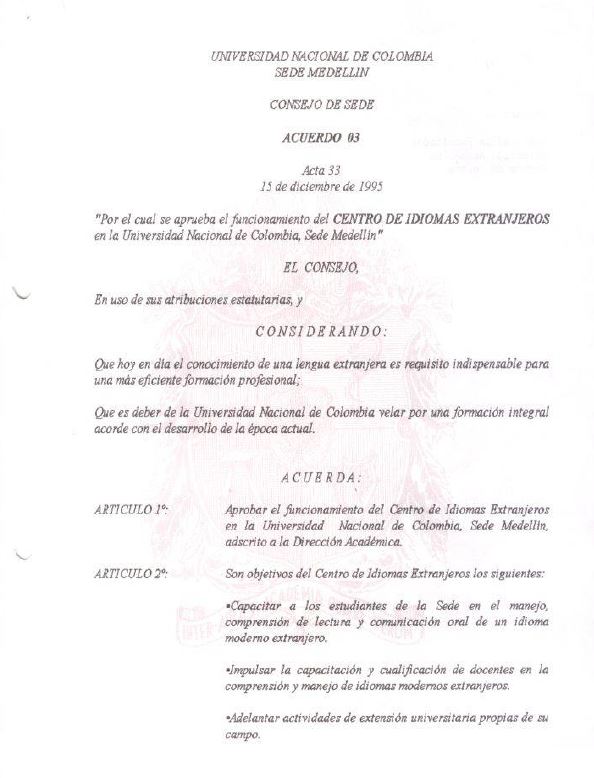 Acuerdo 03 de 1995 - Centro de Idiomas Extranjeros (Sede Medellín)