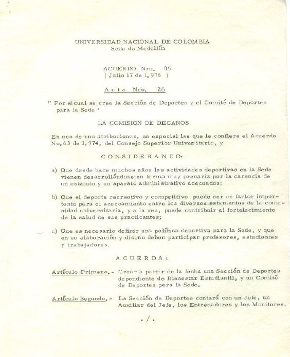 Acuerdo 05 de 1975 - Crea Sección y Comité de Deportes (Bienestar)