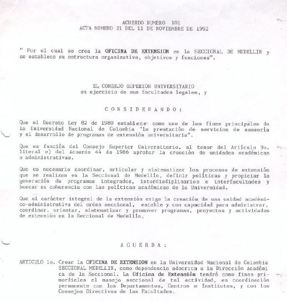 Acuerdo 101 de 1992 - Crea Oficina de Extensión en la Seccional Medellín