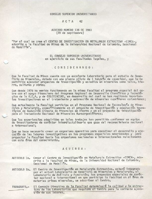 Acuerdo 134 de 1983 - Crea CIMEX (Facultad de Minas)