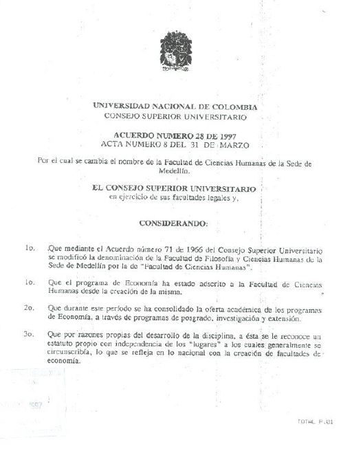 Acuerdo 28 de 1997 - Cambia nombre a Facultad de Ciencias Humanas y Económicas