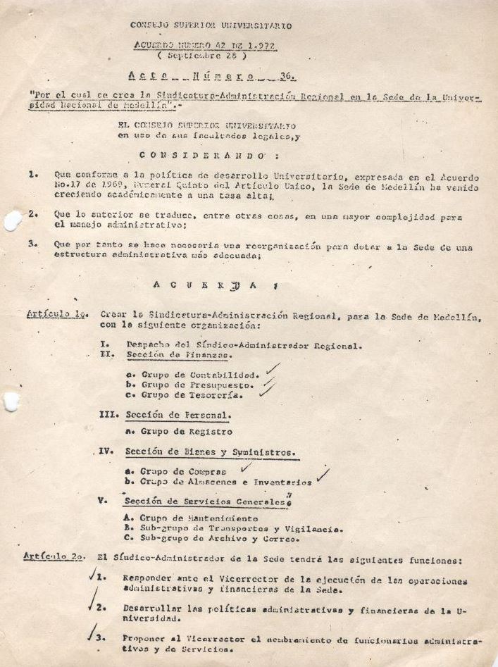 Acuerdo 42 de 1972 - Crea Sindicatura-Administración Regional y grupos de apoyo