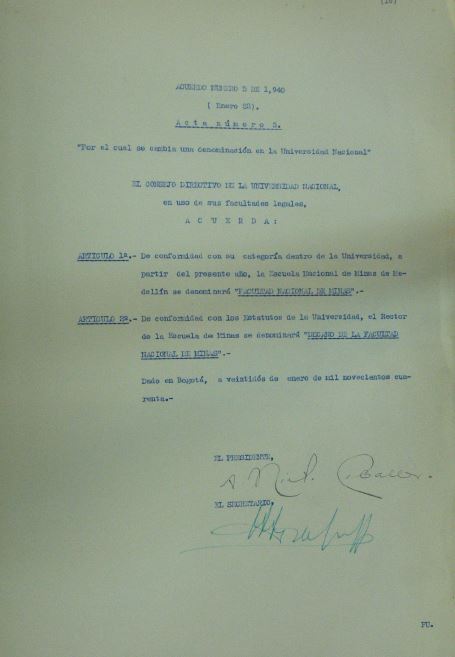 Acuerdo 5 de 1940 - Escuela pasa a Facultad Nacional de Minas