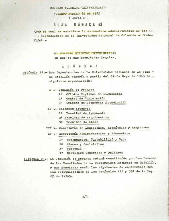 Acuerdo 69 de 1965 - Estructura administrativa en Medellín
