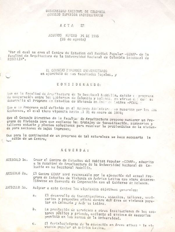 Acuerdo 74 de 1985 - Crea CEHAP (Arquitectura)