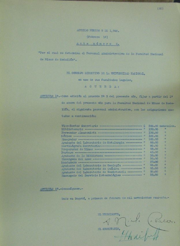Acuerdo 9 de 1940 - Personal administrativo de la Facultad Nacional de Minas