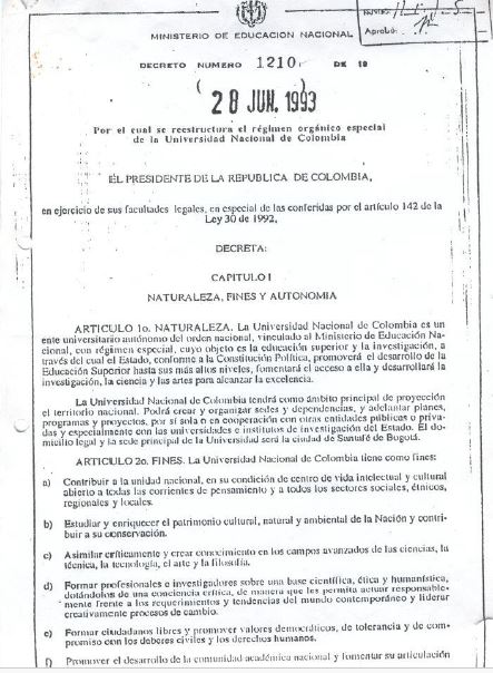 Decreto 1210 de 1993 - Reestructura régimen orgánico especial UNAL