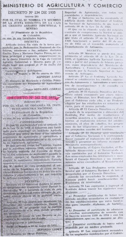 Decreto 161 de 1935 - Organización del Instituto Agrícola Nacional