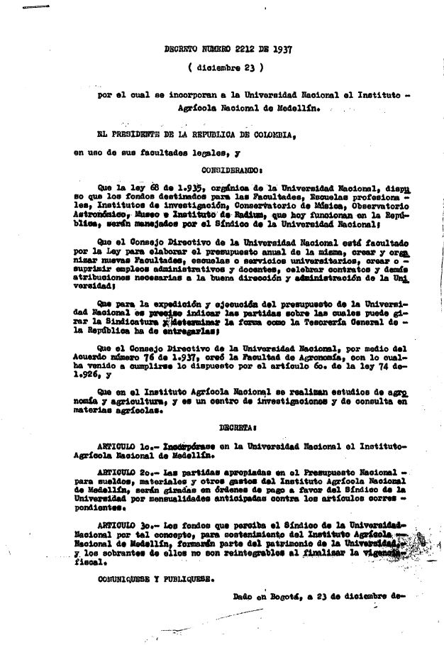 Decreto 2212 de 1937 - Incorpora el Instituto Agrícola Nacional a la UNAL