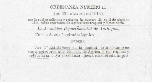 Ordenanza 11 de 1914 - Escuela de Agricultura Tropical y Veterinaria