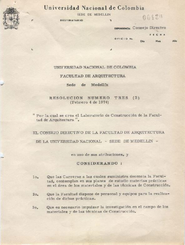 Resolución 3 de 1974 - Crea Laboratorio de Construcción (Arquitectura)